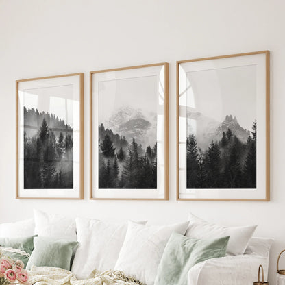 Misty Mountain Forest Wall Art Set of 3 Black and White