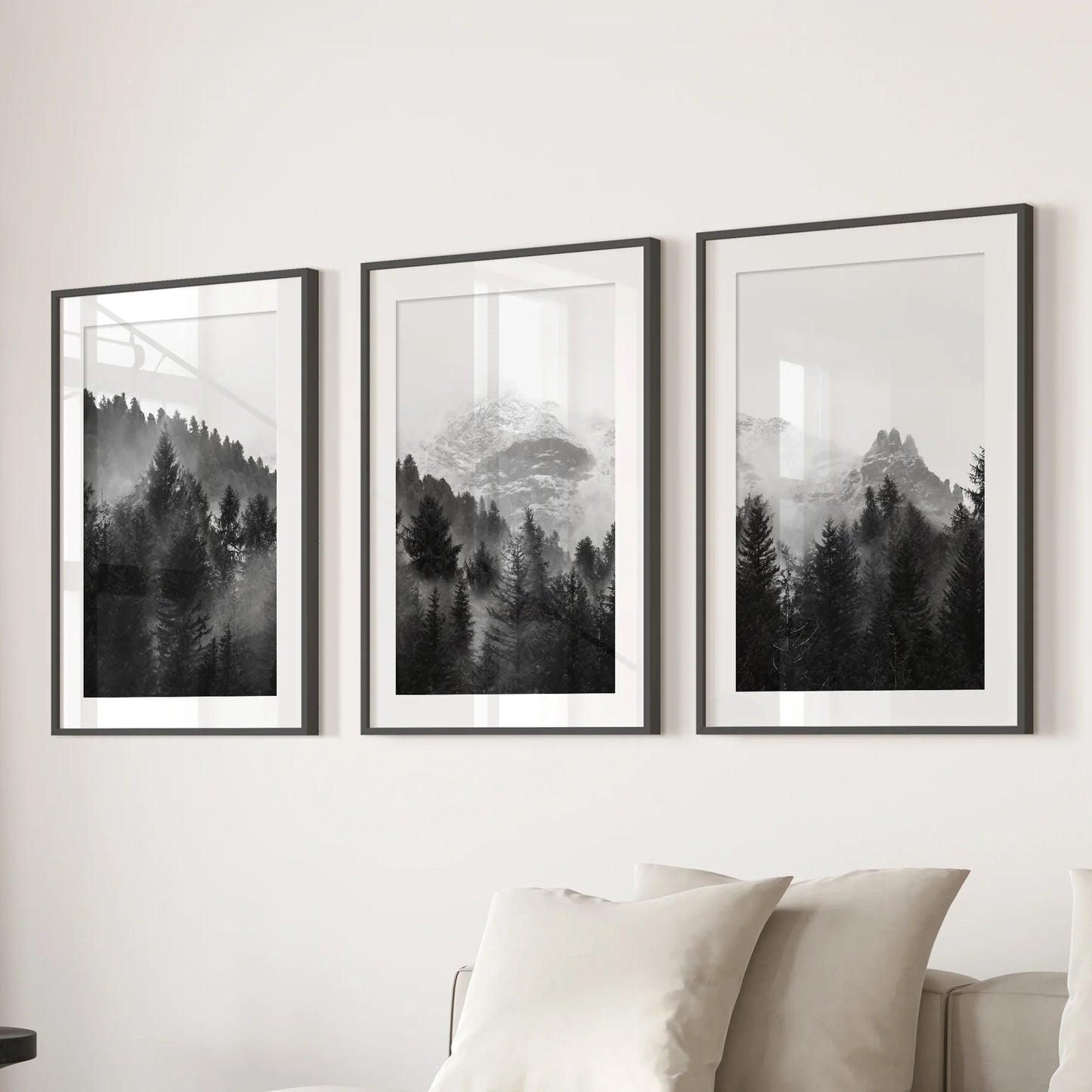 Misty Mountain Forest Wall Art Set of 3 Black and White