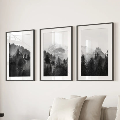 Misty Mountain Forest Wall Art Set of 3 Black and White