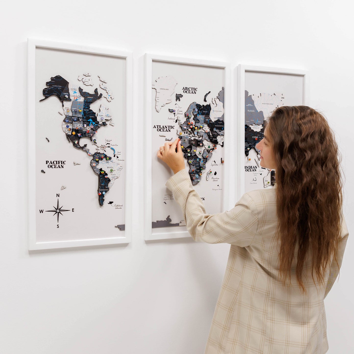 Wooden world map triptych wall art in Nordik palette
