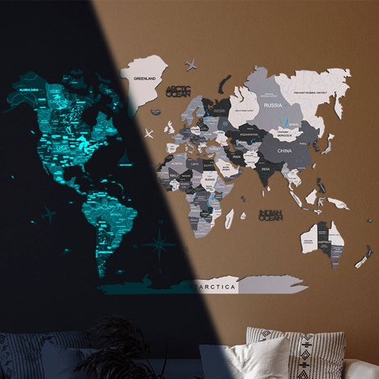 3D wooden luminous world map wall art in Nordik palette