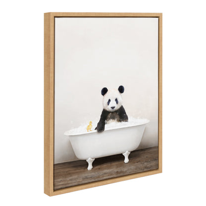 Whimsical panda waving in a rustic bathtub, framed canvas wall art, easy to hang