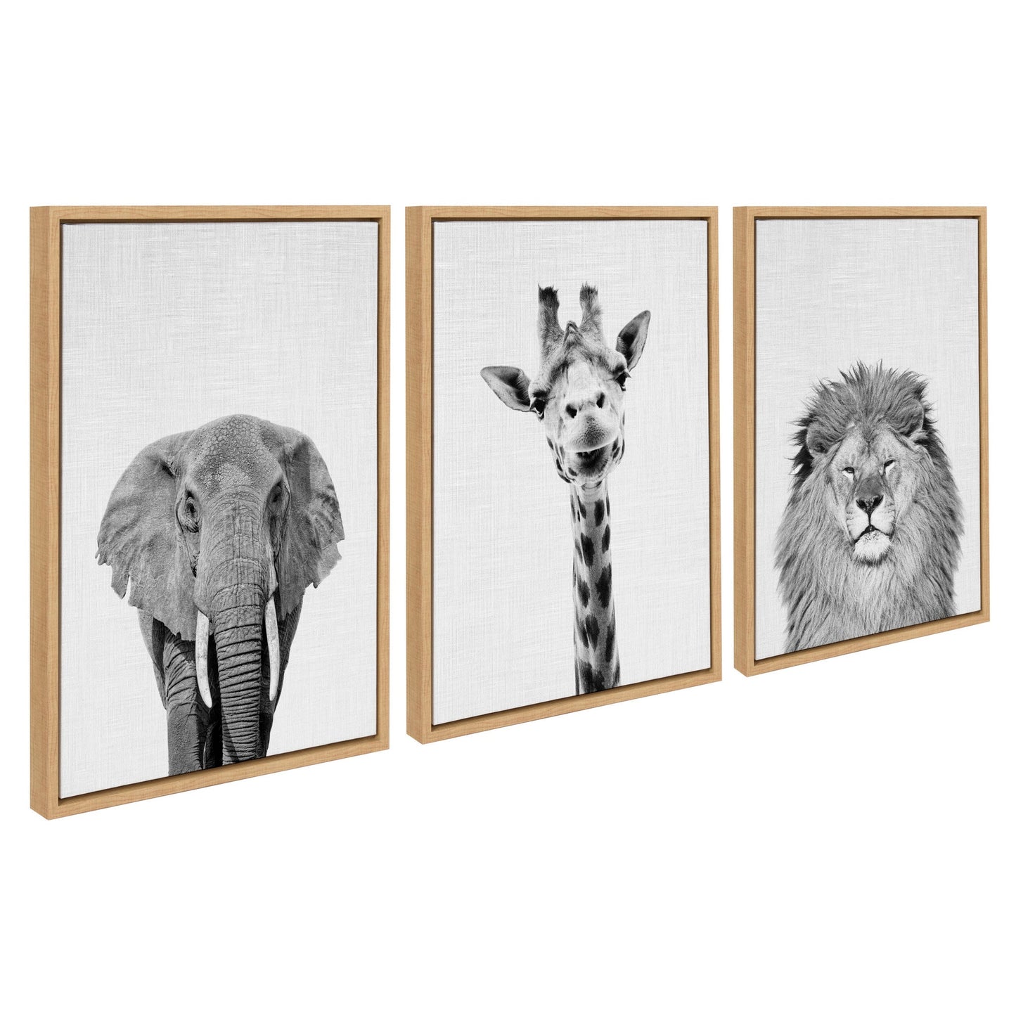 Elephant giraffe and lion framed canvas safari art set of three prints
