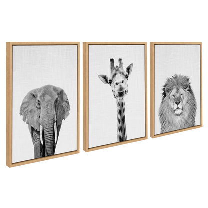 Elephant giraffe and lion framed canvas safari art set of three prints