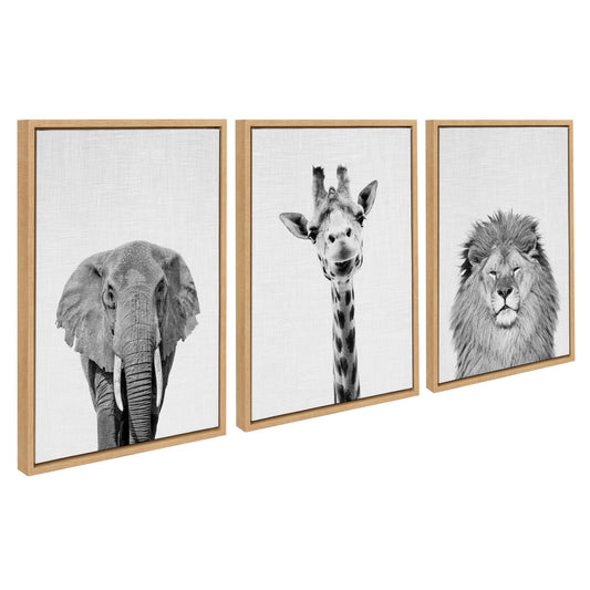 Elephant giraffe and lion framed canvas safari art set of three prints