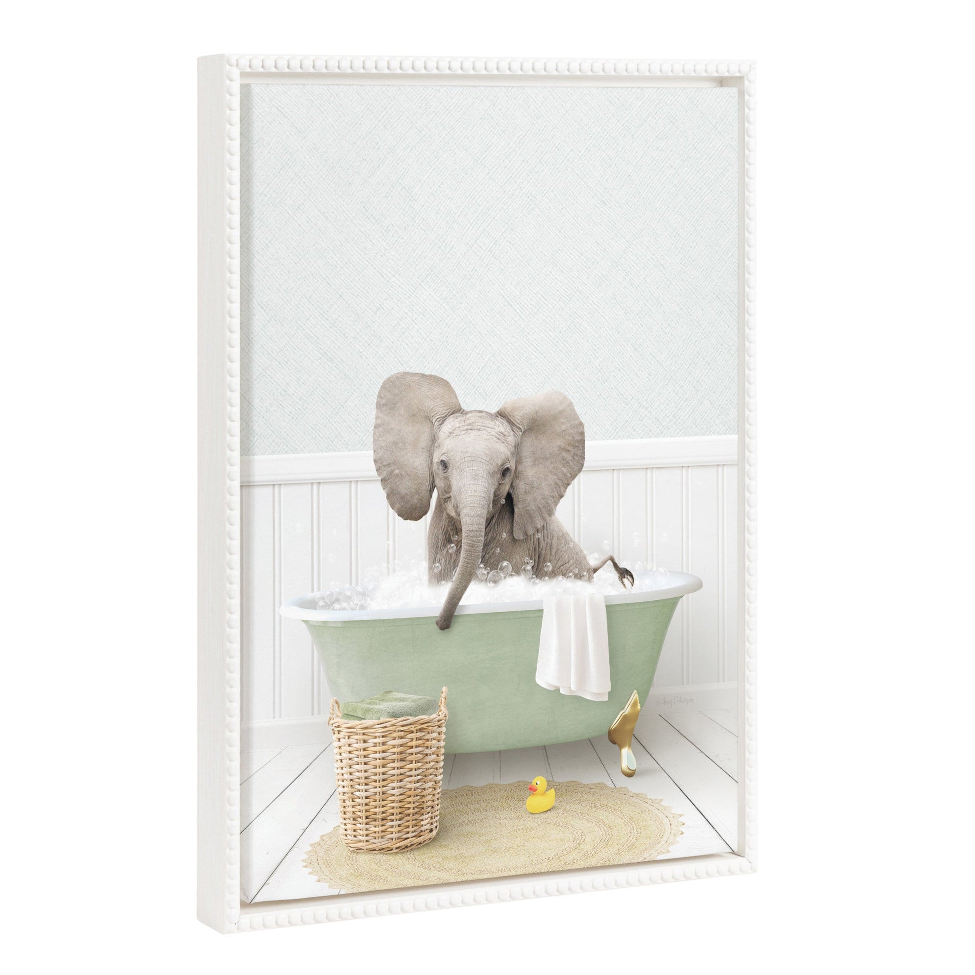 Baby elephant with big ears in a cottage bath framed canvas wall art