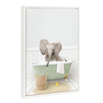 Baby elephant with big ears in a cottage bath framed canvas wall art