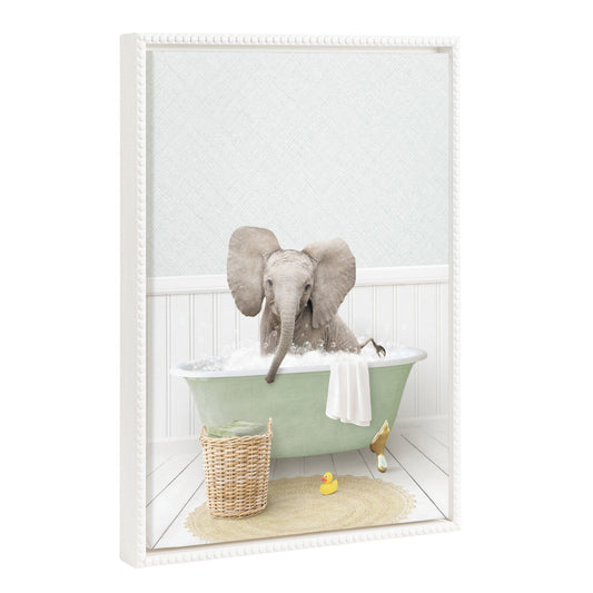 Baby elephant with big ears in a cottage bath framed canvas wall art