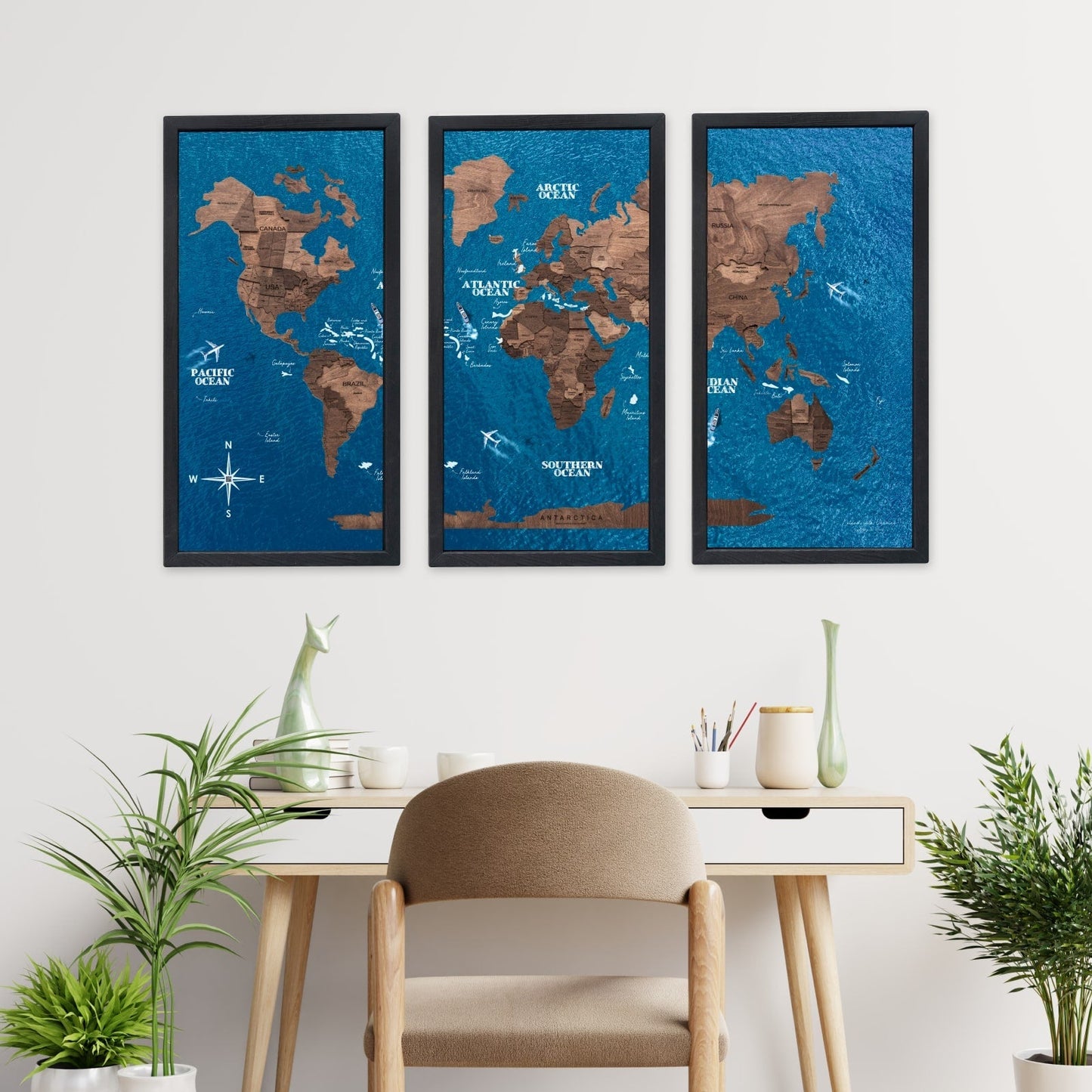 Wooden World Map Triptych Wall Art - Dark Walnut