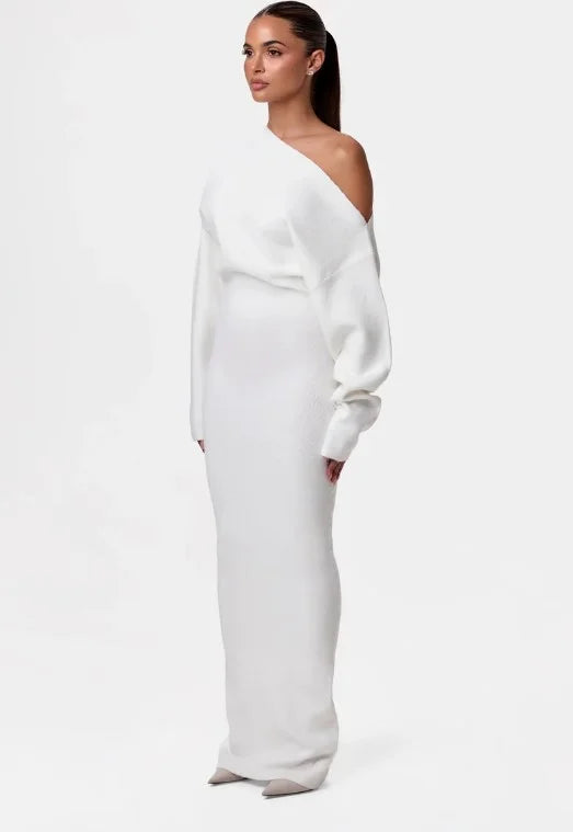 off shoulder long sleeve knit maxi dress in- white