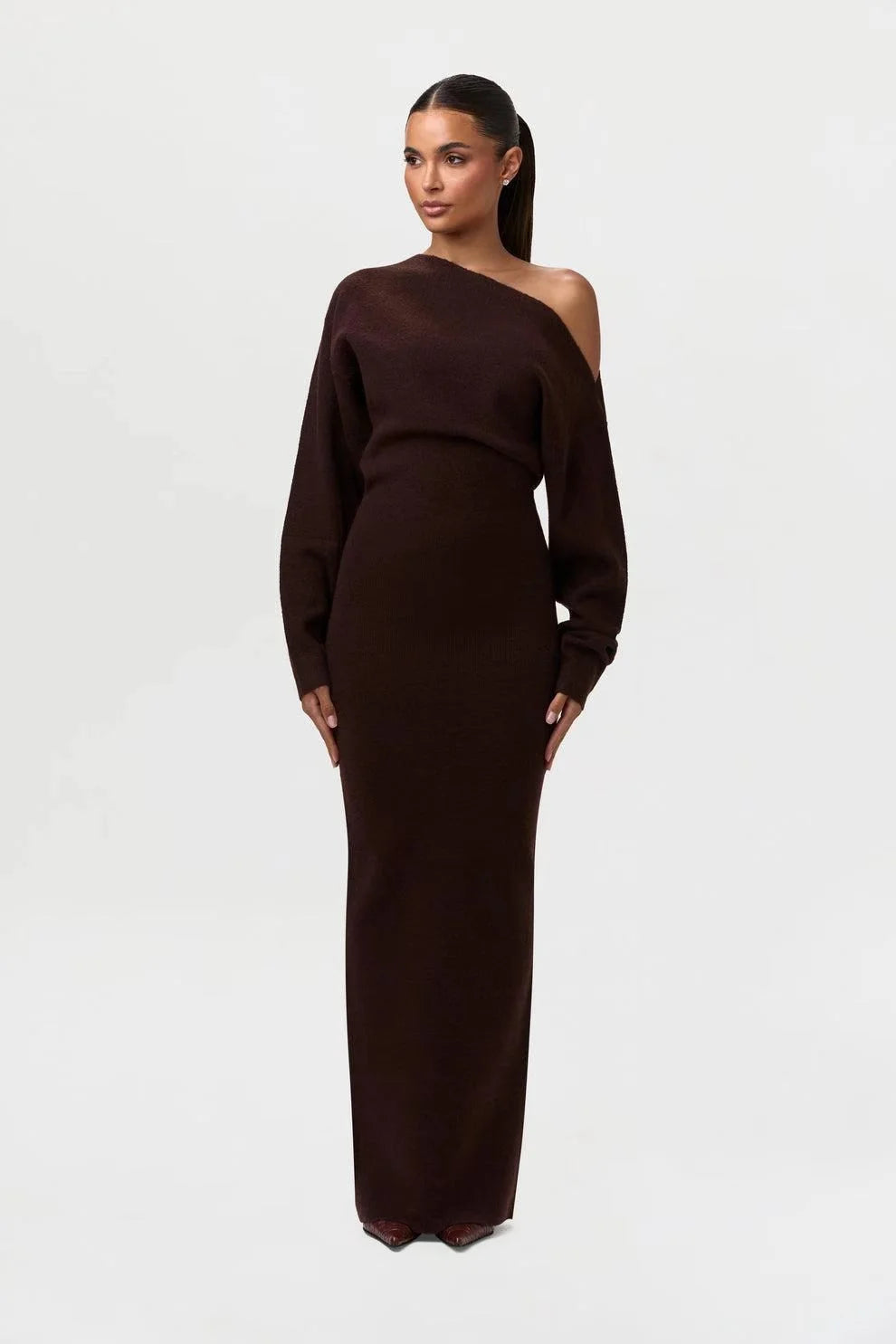 off shoulder long sleeve knit maxi dress in Coffee 