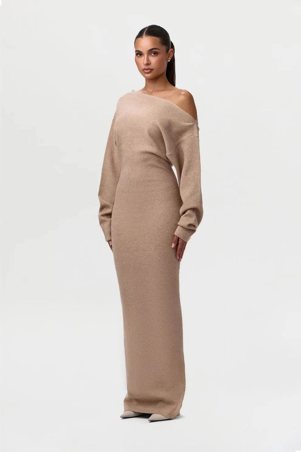 off shoulder long sleeve knit maxi dress in beige
