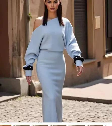 off shoulder long sleeve knit maxi dress in sky blue