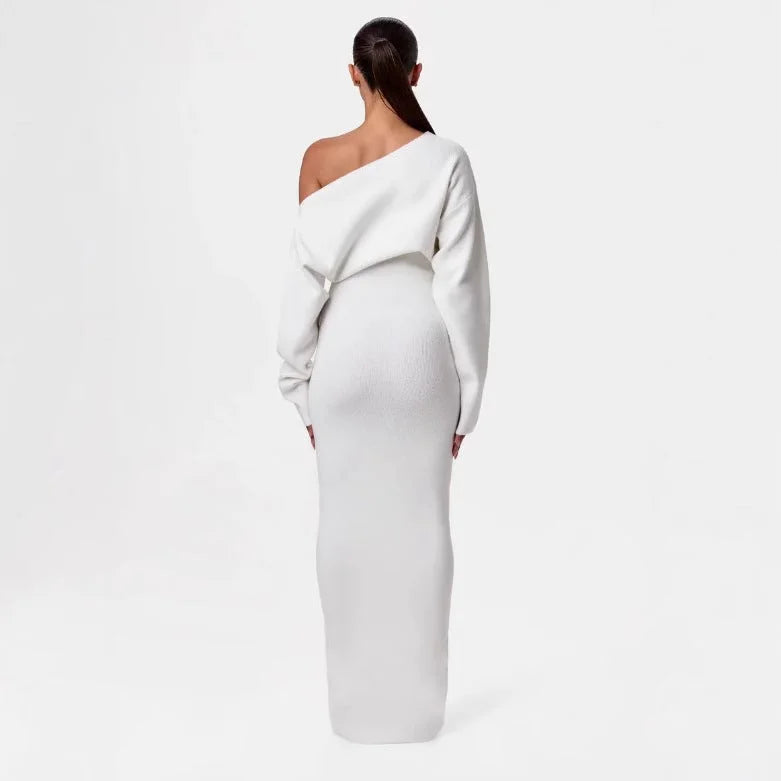 off shoulder long sleeve knit maxi dress in white

