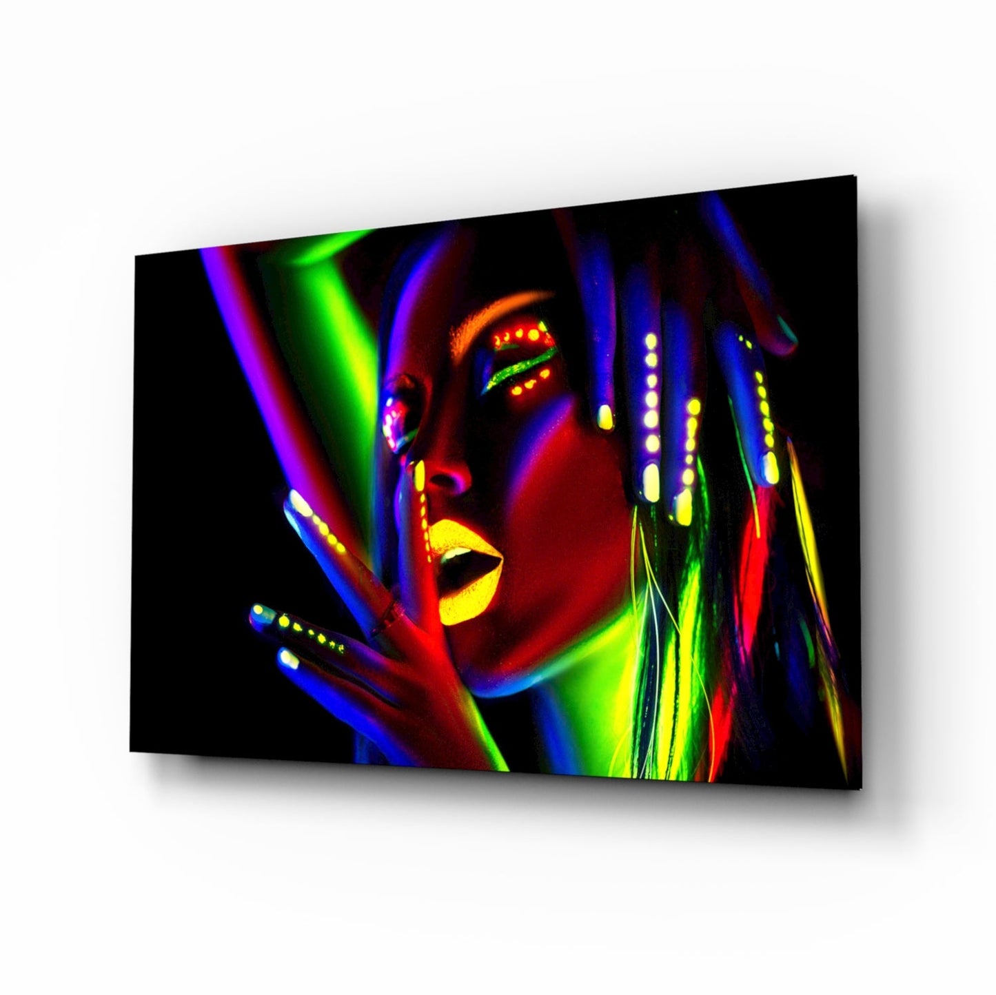 Neon glow portrait glass wall art with UV body-paint face