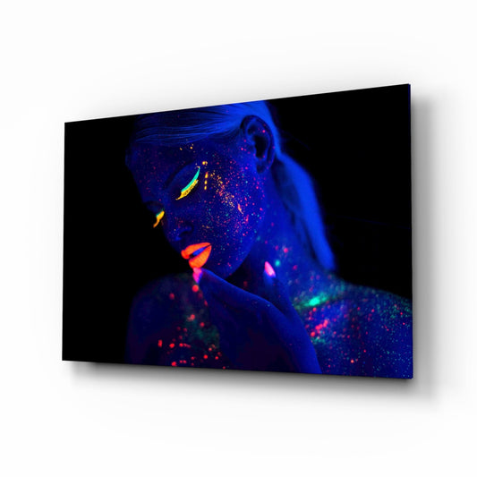 Fluorescent splash woman portrait glass wall art