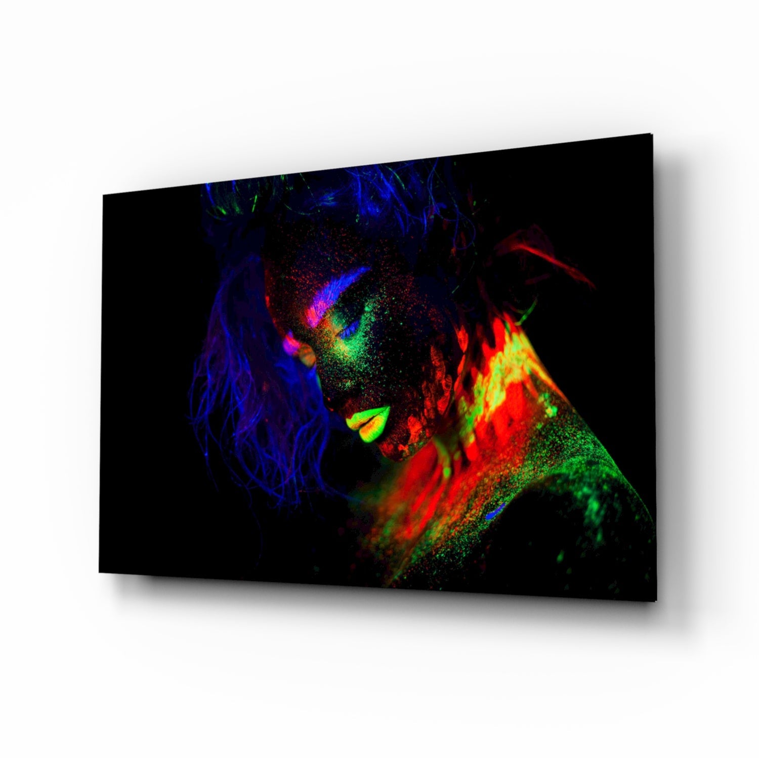 Fluorescent fall portrait glass wall art with indigo hair