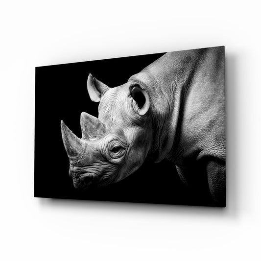 Black rhino profile glass wall art in tonal monochrome