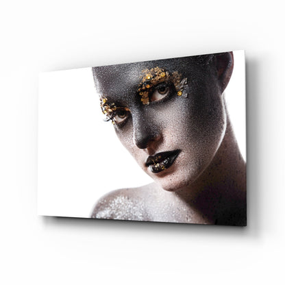 Silver and gold portrait glass wall art on bright white field