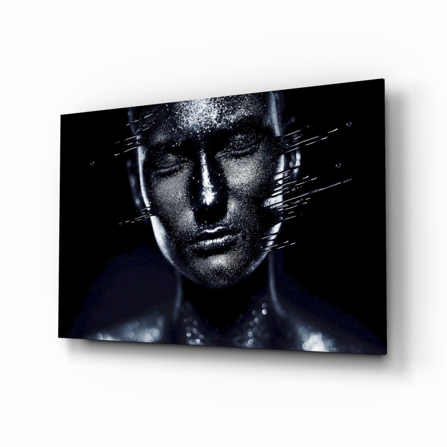 Moonlit silver portrait glass wall art on midnight blue background