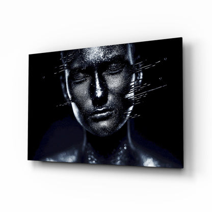Moonlit silver portrait glass wall art on midnight blue background
