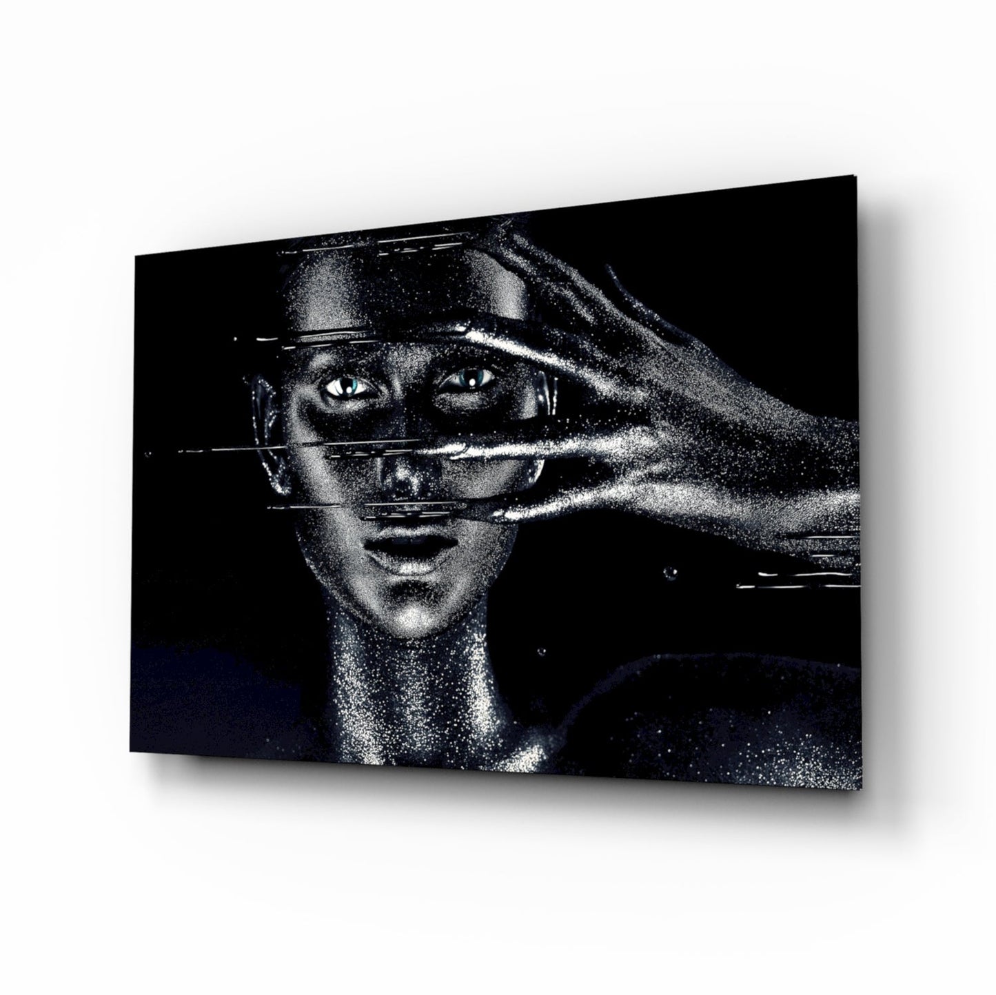 Shielding gesture portrait glass wall art with silver dust and motion blur