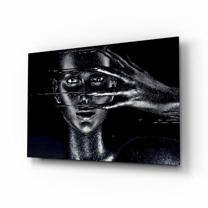 Shielding gesture portrait glass wall art with silver dust and motion blur