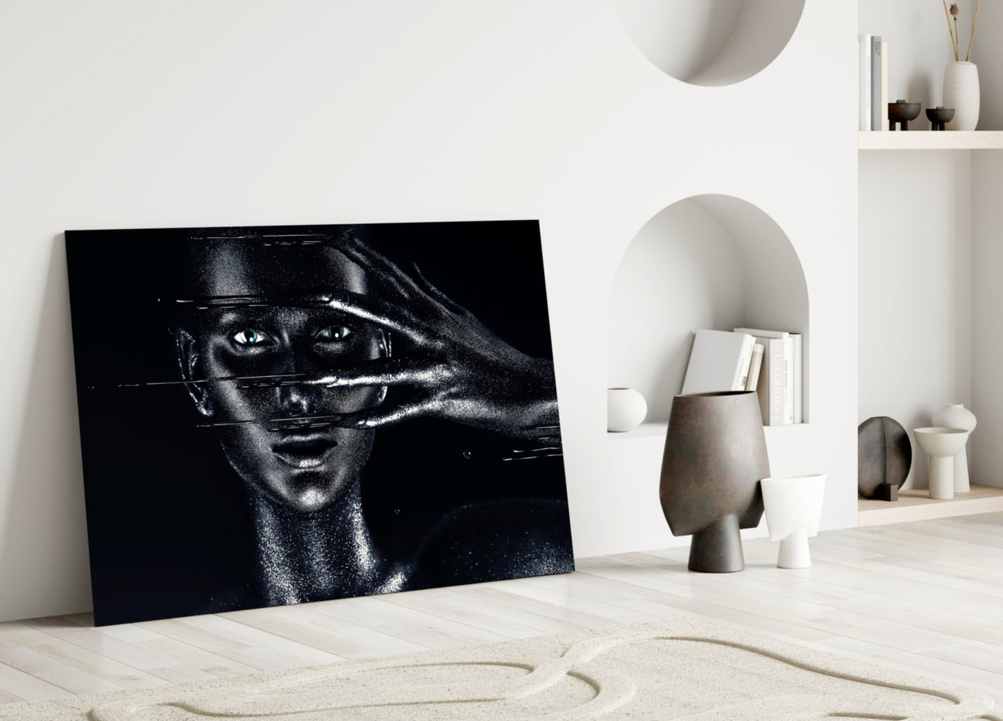 Shielding Gesture Portrait Glass Wall Art