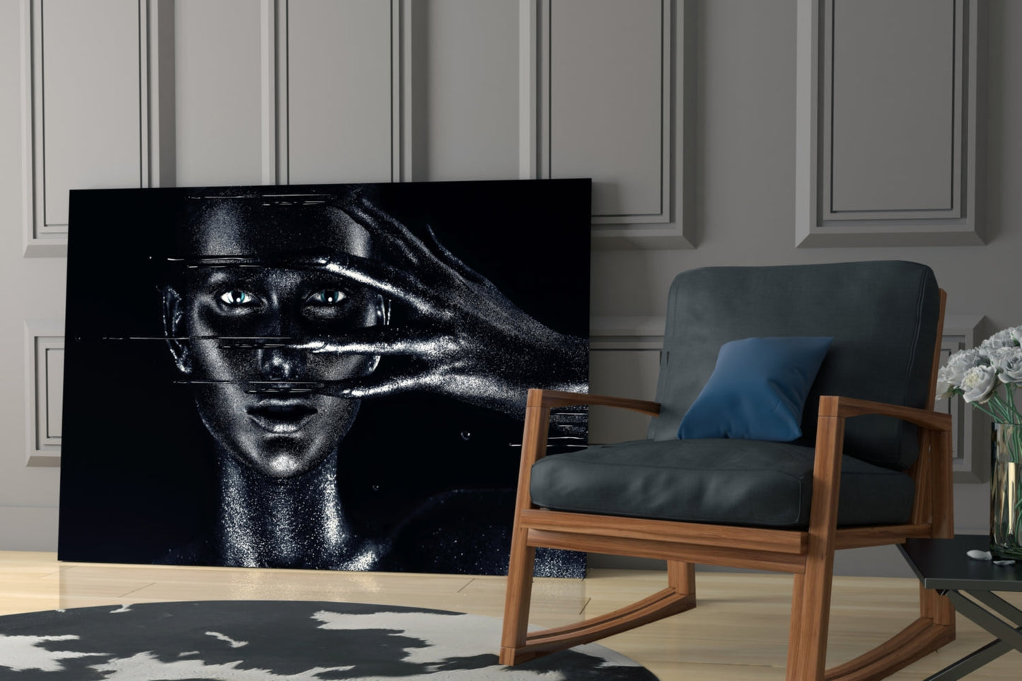 Shielding Gesture Portrait Glass Wall Art