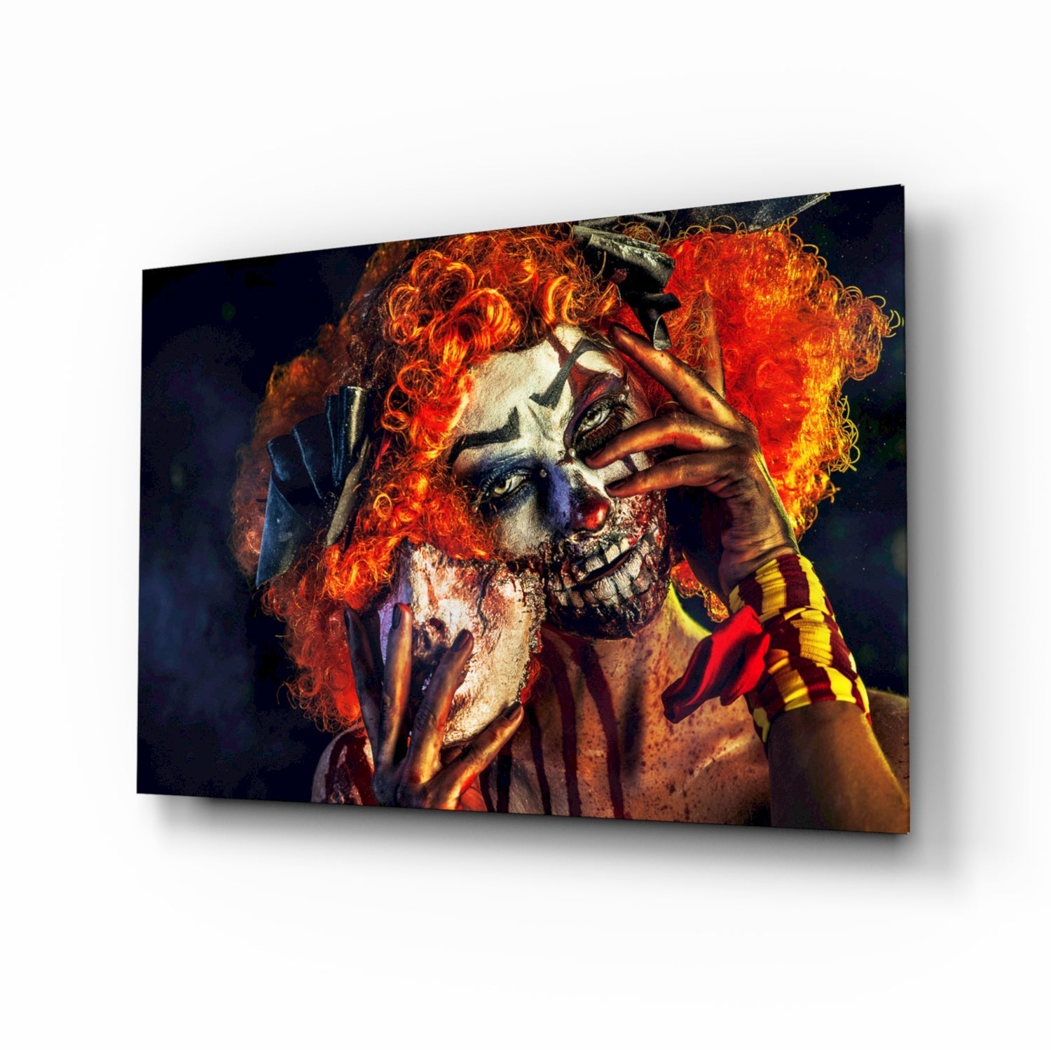 Dark clown portrait glass wall art with theatrical costume design