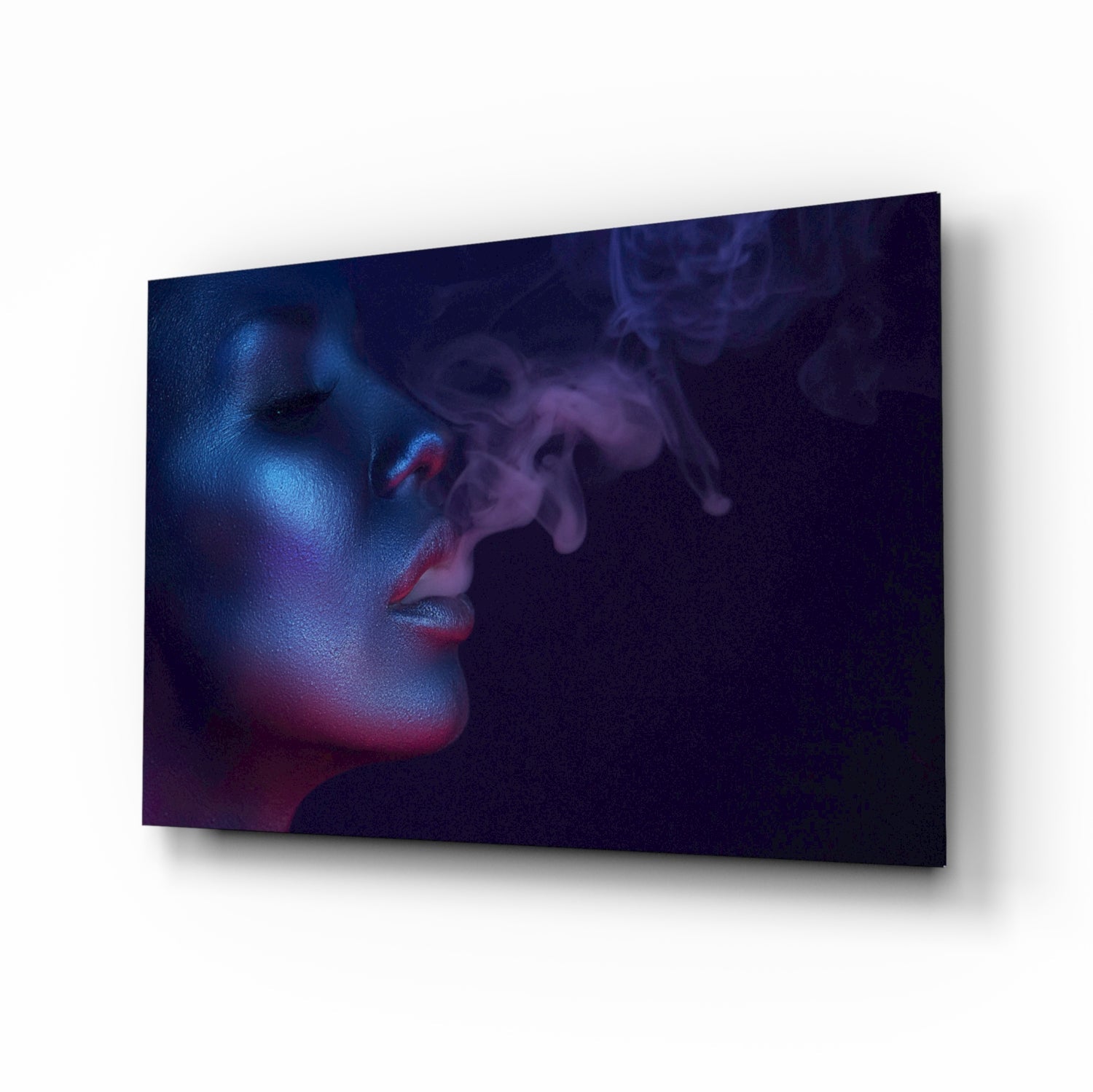 Neon profile exhaling smoke glass wall art