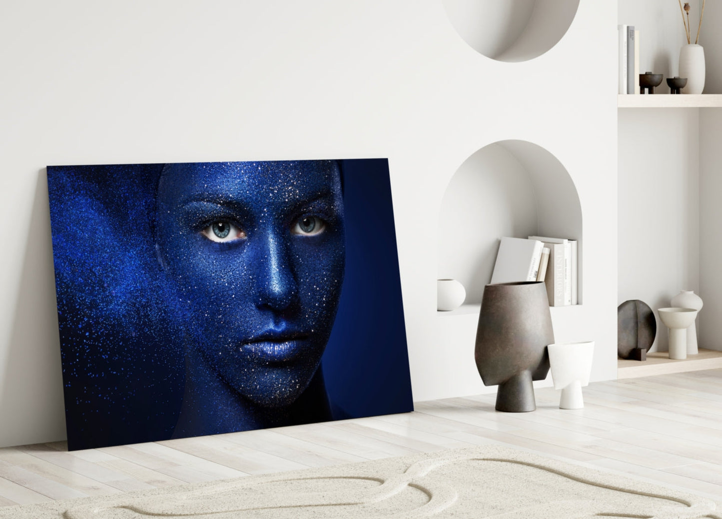 Cosmic Glitter Woman Portrait Glass Wall Art