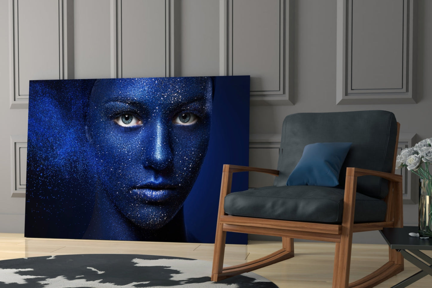 Cosmic Glitter Woman Portrait Glass Wall Art