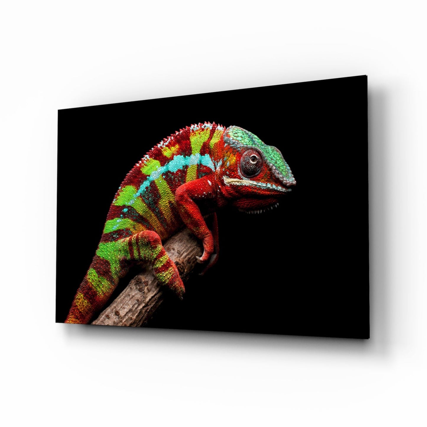 Panther chameleon glass wall art banded in red, lime and turquoise