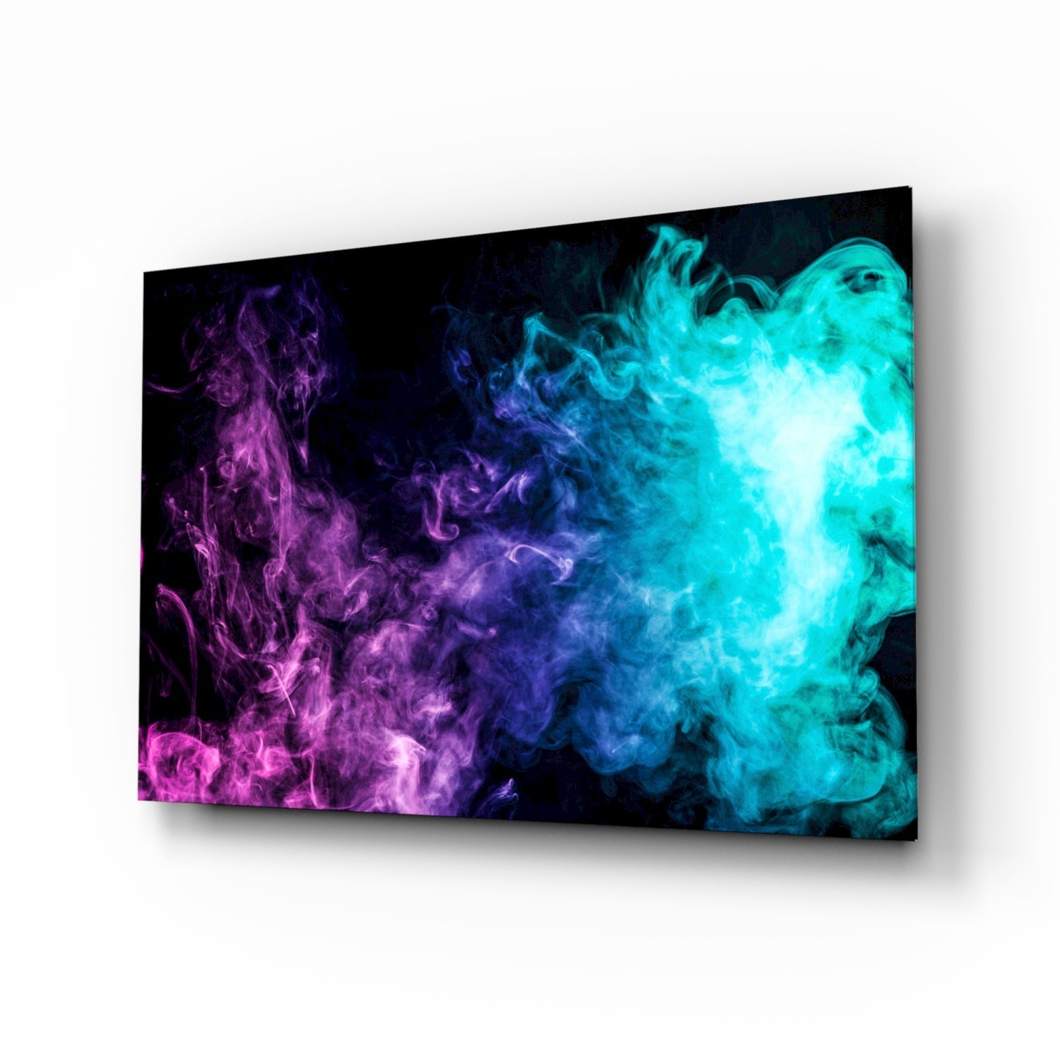 Pink to turquoise smoke burst glass wall art