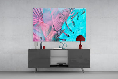 Pink Turquoise Tropical Leaf Glass Wall Art