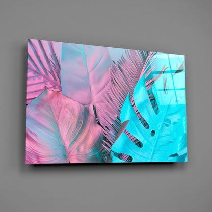 Pink Turquoise Tropical Leaf Glass Wall Art
