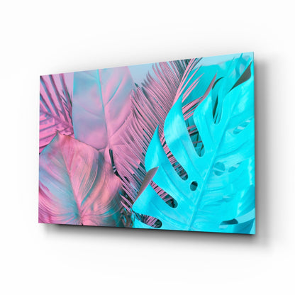 Pink turquoise tropical leaf glass wall art