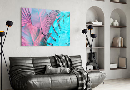 Pink Turquoise Tropical Leaf Glass Wall Art