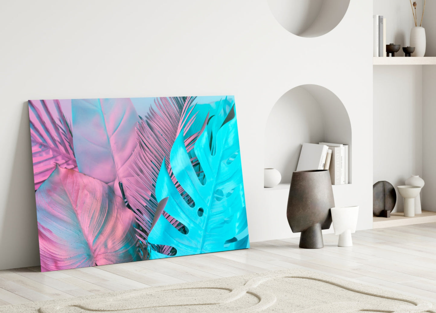 Pink Turquoise Tropical Leaf Glass Wall Art
