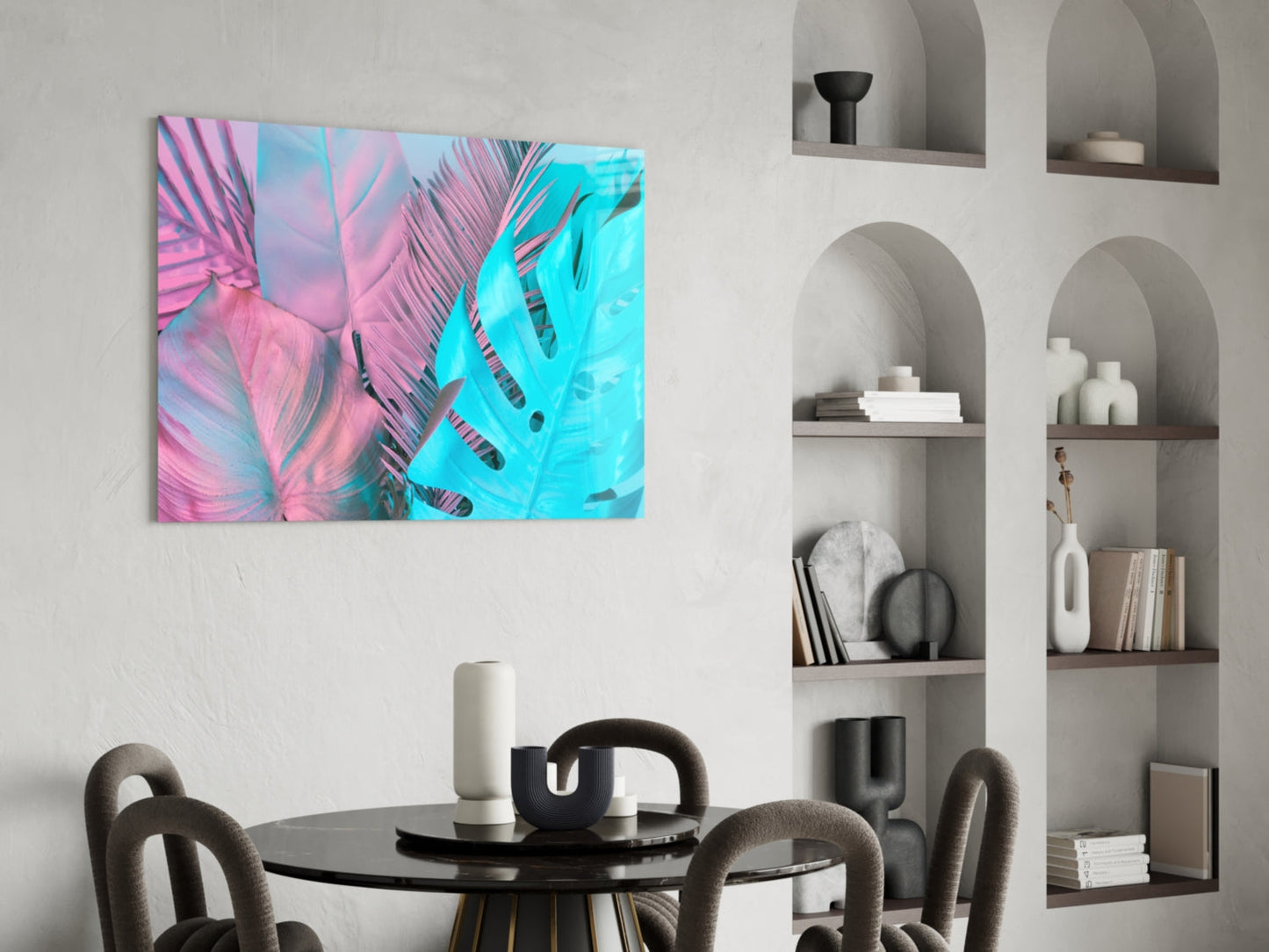 Pink Turquoise Tropical Leaf Glass Wall Art