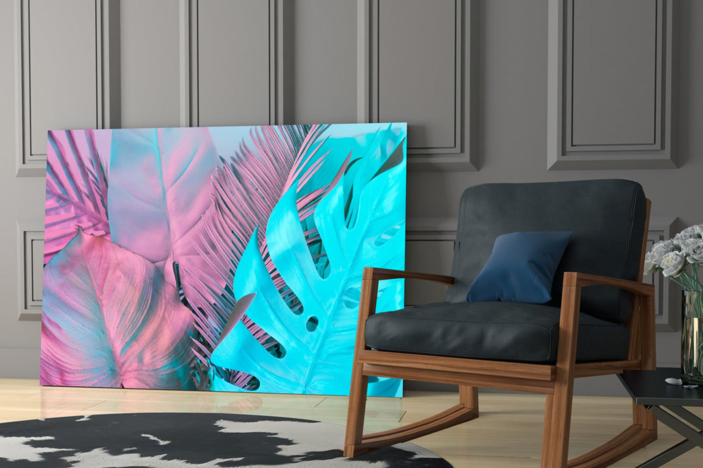 Pink Turquoise Tropical Leaf Glass Wall Art