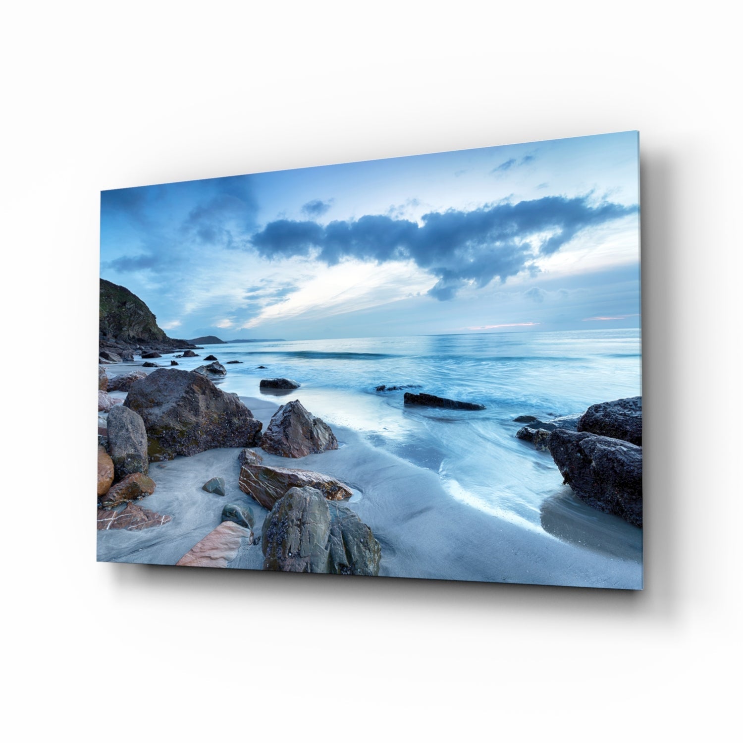Cool blue dusk beach seascape glass wall art