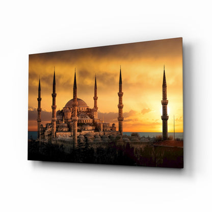 Blue Mosque glass wall art golden hour skyline