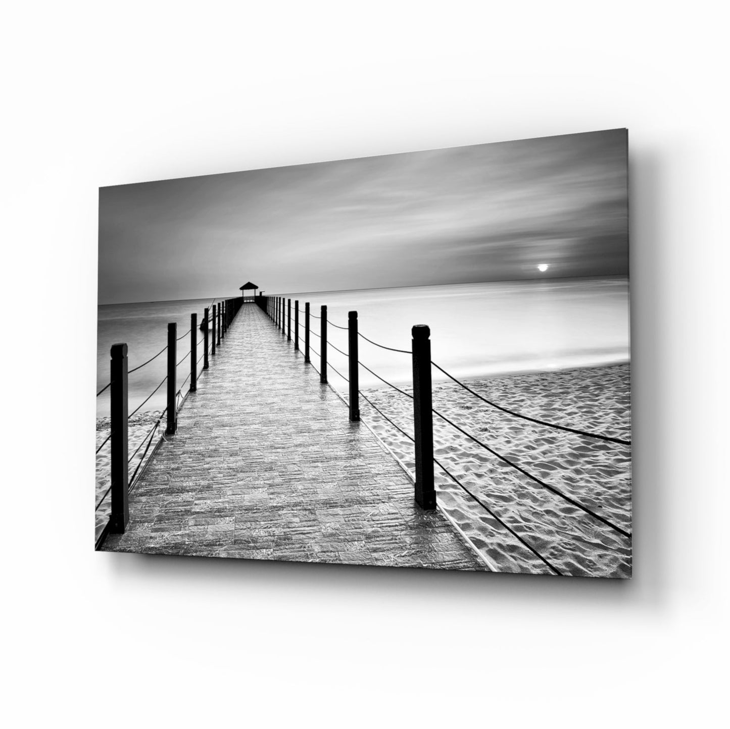 Black and white beach boardwalk pier glass wall art