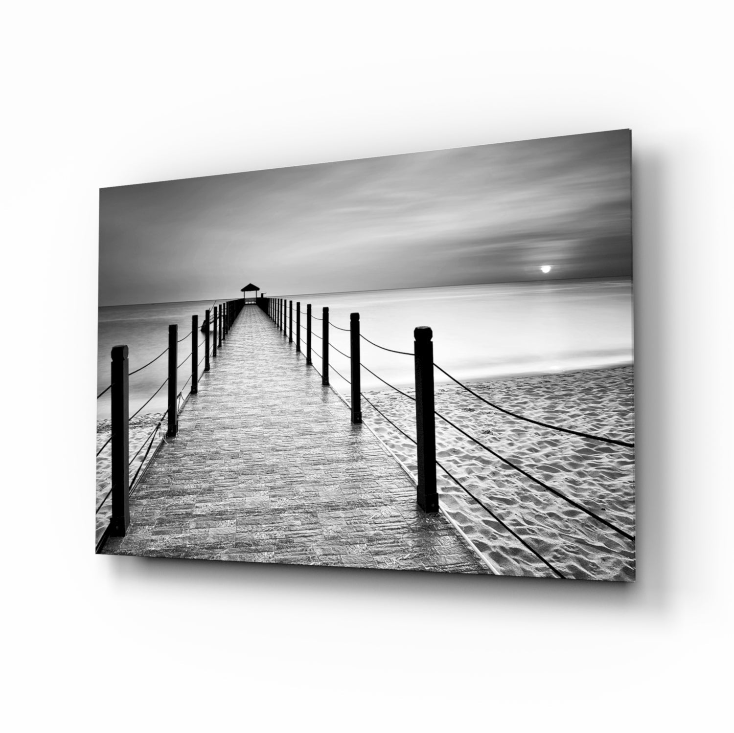 Black and white beach boardwalk pier glass wall art