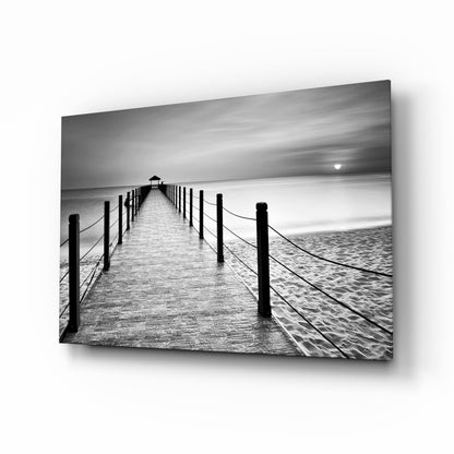 Black and white beach boardwalk pier glass wall art