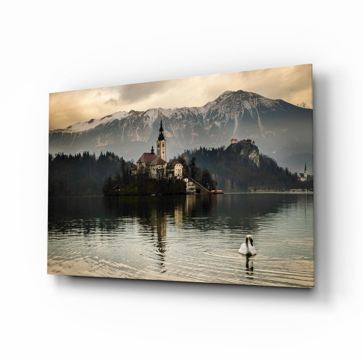 Misty Lake Church Swan Glass Wall Art alpine