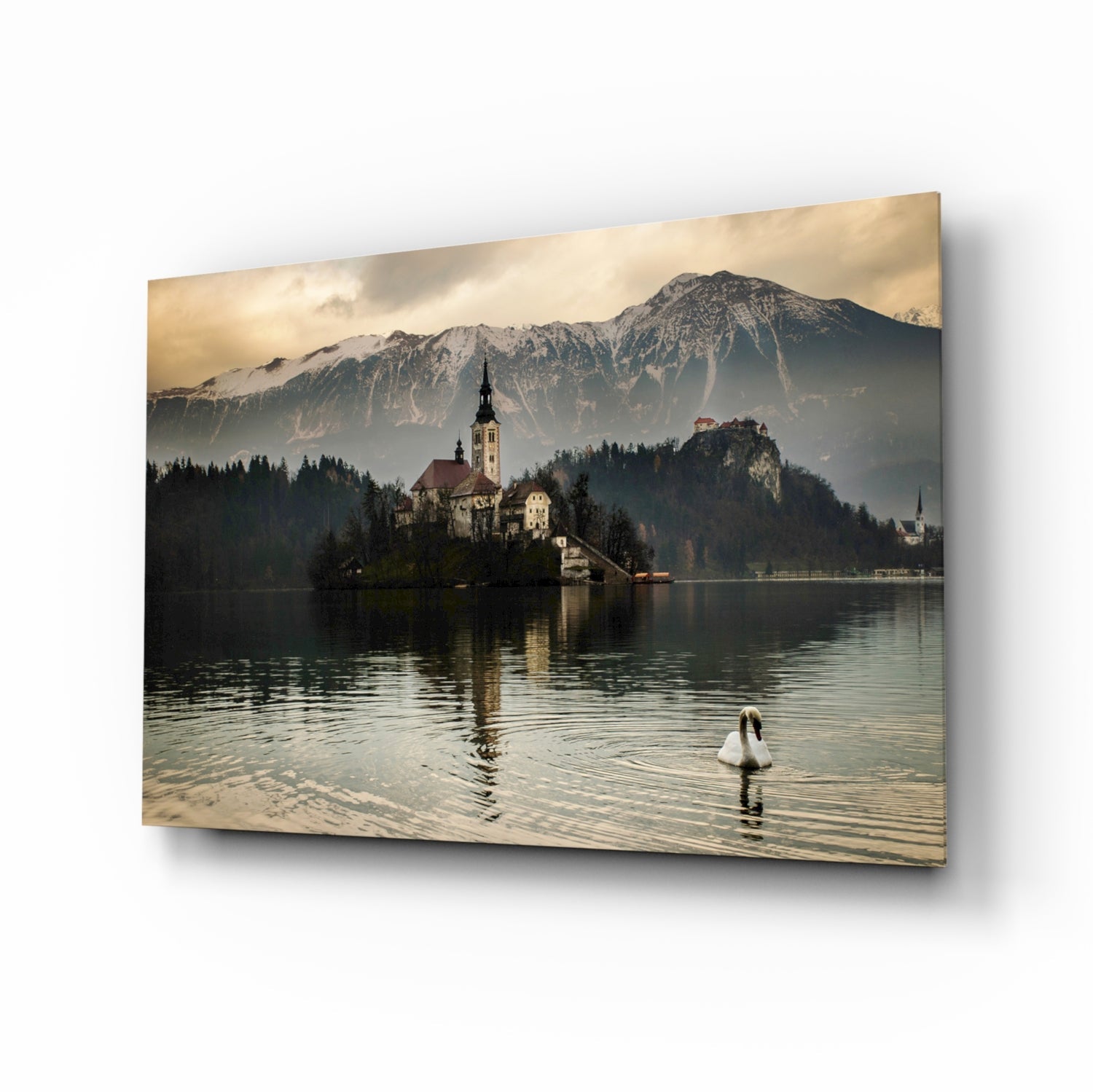 Misty Lake Church Swan Glass Wall Art alpine