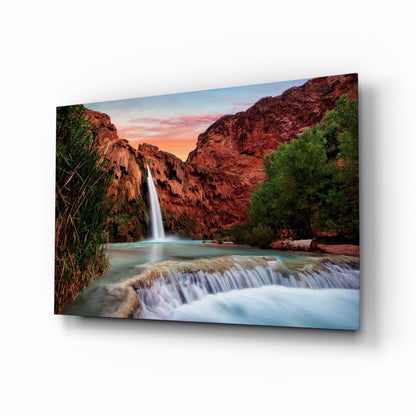 Waterfall glass wall art desert oasis